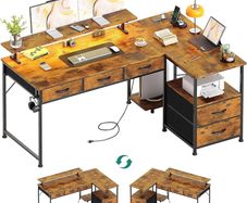 140cm Large Computer Desk with 5 Fabric Drawers, Home Office Work Desk with Power Outlets & Monitor Stand, L Shaped Gaming Desk with CPU Stand, Reversible Wooden Corner Desk, Rustic Brown