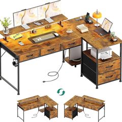 140cm Large Computer Desk with 5 Fabric Drawers, Home Office Work Desk with Power Outlets & Monitor Stand, L Shaped Gaming Desk with CPU Stand, Reversible Wooden Corner Desk, Rustic Brown