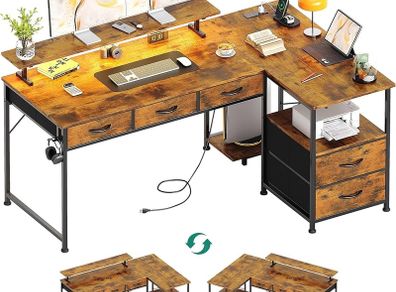 140cm Large Computer Desk with 5 Fabric Drawers, Home Office Work Desk with Power Outlets & Monitor Stand, L Shaped Gaming Desk with CPU Stand, Reversible Wooden Corner Desk, Rustic Brown