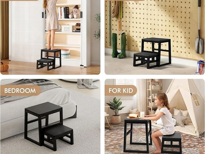 3-in-1 Stepping Stools Waterproof HDPE Adjustable for Kitchen, Library, Bathroom, Bedroom or Outdoor, Folding Steps Heavy Duty Supports up to 230 kg, Black