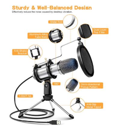 BRAND NEW USB Gaming Microphone Computer Studio Tripod Stand Condenser Desktop Mic for PC Skype Youtube Podcasting