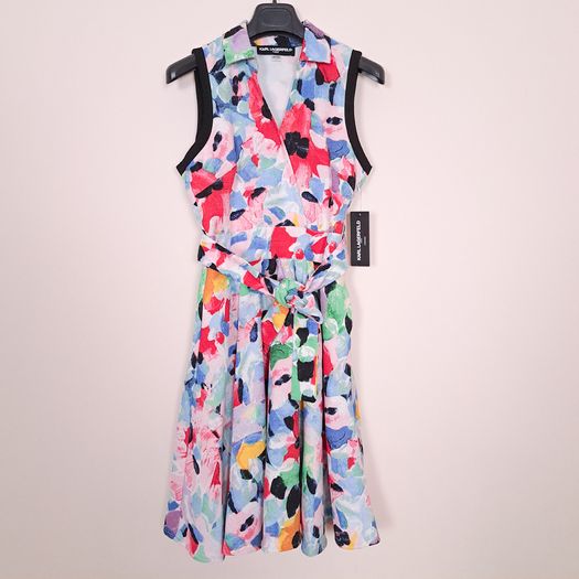 Karl Lagerfeld Multi-Color Red Blue Floral Waist Tie Sleeveless Dress 8UK/36EU/4US