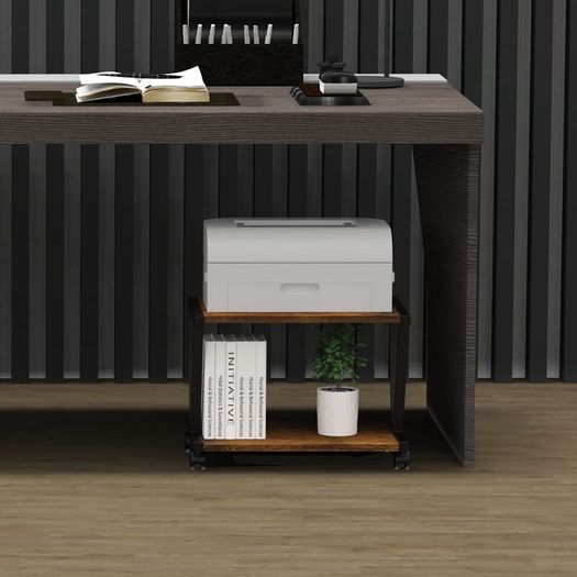 Retro Desktop Printer Stand 2 Tier Under Desk Wood Printer Shelf Rustic Industrial Farmhouse Wood Storage Book Shelf Table Organizer for Home Office Stylish Sturdy