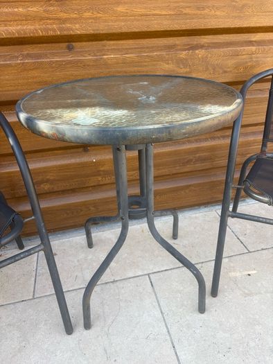 Small glass top garden table and x2 metal frame chairs
