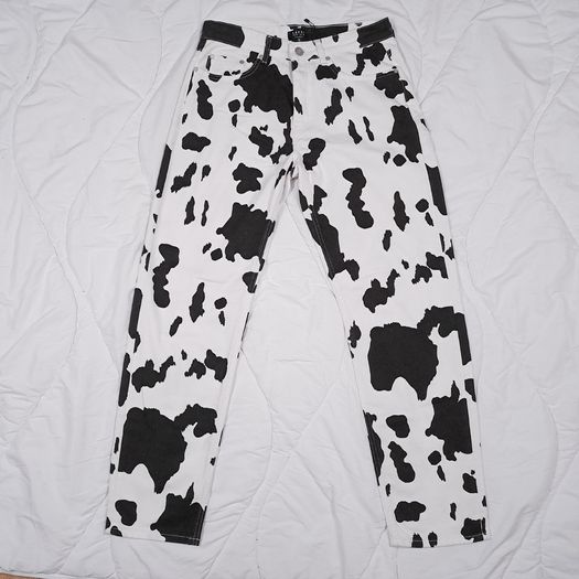 Boohoo Man White Black Cow Print Graphic Straight Leg Denim Jeans W32/L31