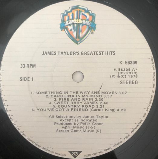 James Taylor Greatest Hits Vinyl Irish Pressing