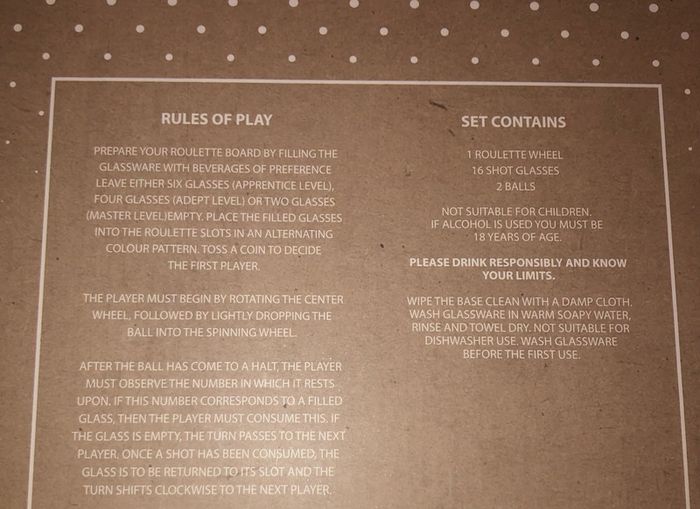 Roulette shot drinking game