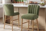 Set of 2 Wooden Bar Stools - Padded Linen Seat - Backrest &amp; Footrest - Yellow