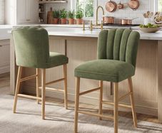 Set of 2 Wooden Bar Stools - Padded Linen Seat - Backrest & Footrest - Yellow