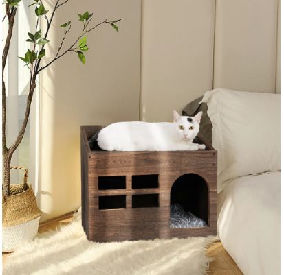 BRAND NEW Durable Wooden Cat Cave Bed Furniture Kitten Sleep Lounge House Bed with Cushion Pad Litter Box for Indoor Cats