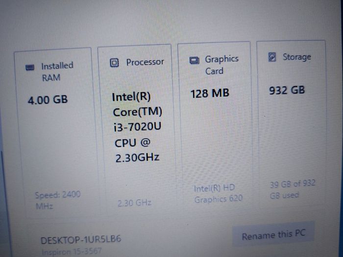 DELL Inspiron 15, Model 5100, Intel Core i3=7020U CPU, 2.3GHz, 4GB Ram, 1 Terrabyte HDD, Windows 10 64bit, Microsoft Edge, Chrome and VLC