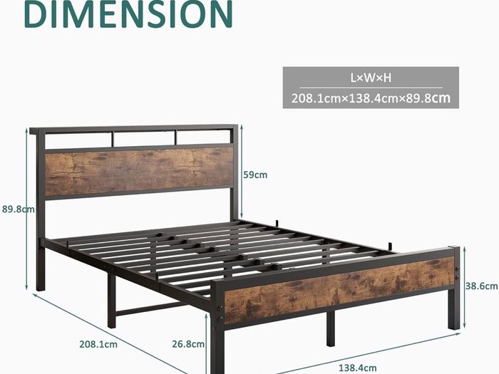 Double Bed Frame with Wooden Storage Shelf Headboard