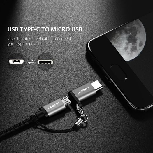 2 X Ugreen Aluminum Alloy OTG Micro USB (Female) to USB-C (Male) QC 3.0/2.0 Charger & Sync Convertor Adapter with Key Chain (Brand New/Warranty)