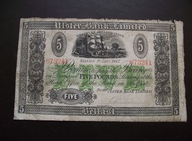 1942 Ulster Bank 5 Pounds, hand-signed