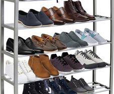 NEW SALE | 5 Tier Shoe Slots Rack - Space Saving Shoe Storage Organiser with Quick, Tool-Free Assembly - Shoe Slots Holds 15-20 Pairs - Dimensions (L) 75.5cm x (W) 18.5cm x (H) 75.5cm - Silver