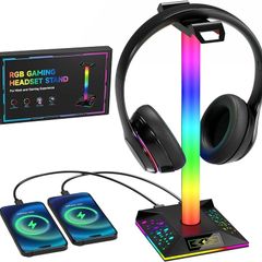 Hcman Headphone Stand Gaming Headset Holder RGB PC Gaming Accessories for Desk, Cool LED Headset Stand with 2 USB Charger for Gamer, Black