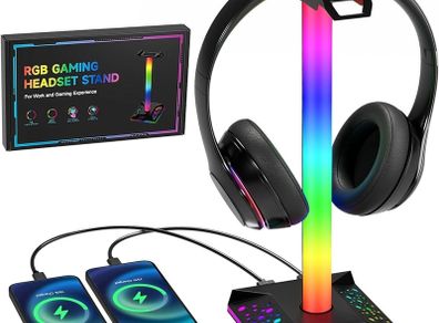 Hcman Headphone Stand Gaming Headset Holder RGB PC Gaming Accessories for Desk, Cool LED Headset Stand with 2 USB Charger for Gamer, Black