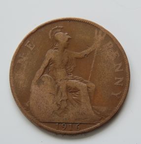 1916 Penny George V bronze coin
