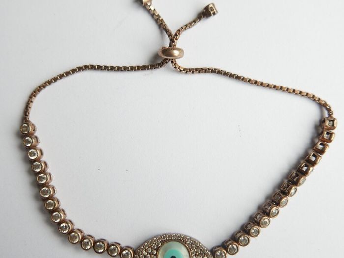 Vintage Handmade Evil Eye Tennis Bracelet: Sterling Silver 925 Gold Plated Mother of Pearl 9,4g