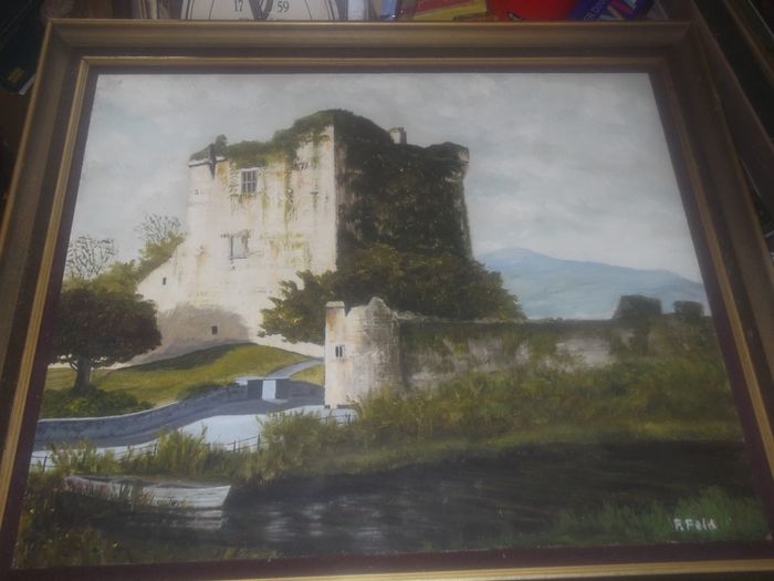 a large oil painting on board castle ruins by dublin artist frank feld