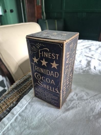 Antique Vintage Trindad cocoa shells cardboard packaging with product