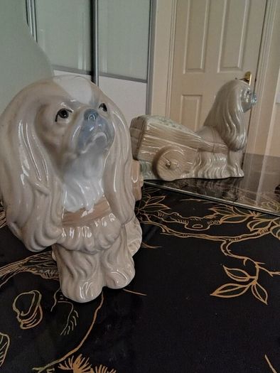 Vintage Pekinkese Dog and Flower Cart Figurine by Porceval.