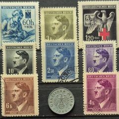 German third reich stamps and coin, 10 pfennig.