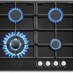 Gas Hob 4 Burners, NG/LPG Convertible, 60cm Black Glass Gas Cooker Hob with Wok Burner, Built-in Cooktop with Flame Failure Protection, 8060W
