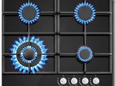 Gas Hob 4 Burners, NG/LPG Convertible, 60cm Black Glass Gas Cooker Hob with Wok Burner, Built-in Cooktop with Flame Failure Protection, 8060W