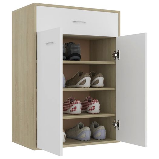 Shoe Cabinet White and Sonoma Oak 60x35x84 cm Chipboard