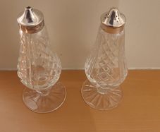 Vintage Silver Lismore Waterford Crystal salt and pepper set. Silver tops