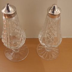 Vintage Silver Lismore Waterford Crystal salt and pepper set. Silver tops