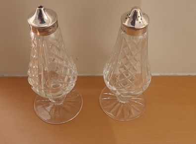 Vintage Silver Lismore Waterford Crystal salt and pepper set. Silver tops