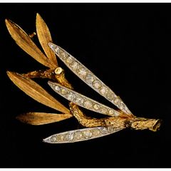 Vintage Signed Coro Rhinestone Leaf Spray Brooch 1950s Gold Tone