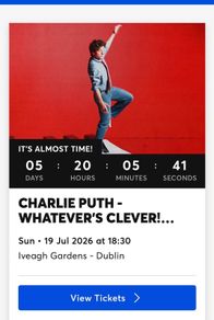2x Charlie Puth tickets 19.7.26
