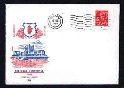 1969 Northern Ireland 1d Regional Definitive Illustrated First Day Cover with Belfast 26 Feb 1969 Cancel Addressed First Day Cover (FDC).