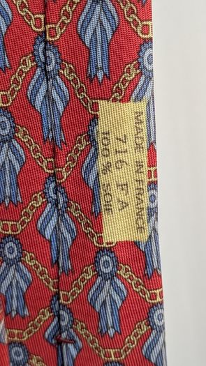 Hermes Paris Silk Tie Red Blue Chain Print Made In France Luxury Designer