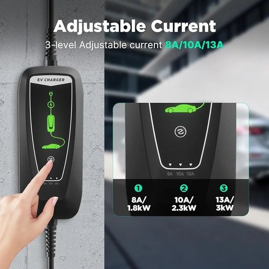 EV Charger Type 2 to 3 Pin Plug, 3kW | 8A-13A | 10M Portable EV Charger, Electric Car Charger Type 2 Charging Cable with LED Indicators IP66 Waterproof for EVs & PHEV