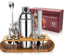 Cocktail Shaker Set Stainless Steel Bamboo Stand