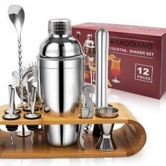 Cocktail Shaker Set Stainless Steel Bamboo Stand