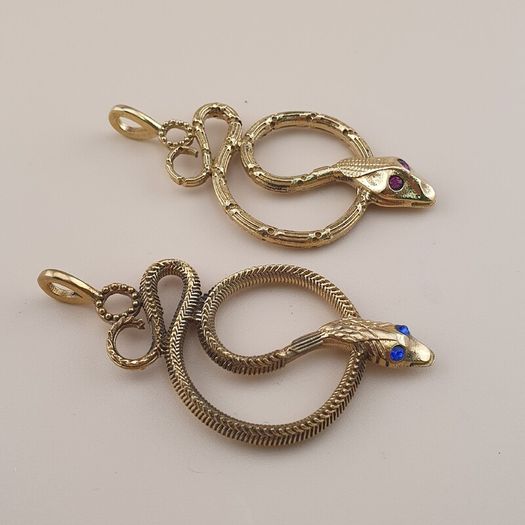 Vintage Lot of 2 Snake with Blue & Red Eyes Brass Pendant 65.5mm