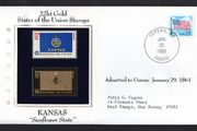 1988 USA Kansas "Sunflower State" 22kt Gold Replica of the 1976 United States Flag Stamps showing 25c US flag definitive tied Topeka, Kansas (state capital) illustrated cover