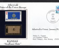 1988 USA Kansas "Sunflower State" 22kt Gold Replica of the 1976 United States Flag Stamps showing 25c US flag definitive tied Topeka, Kansas (state capital) illustrated cover