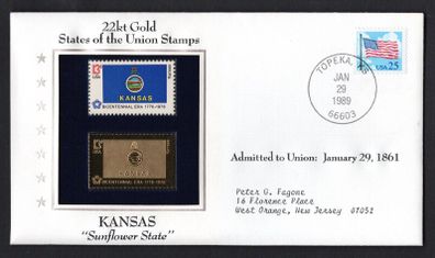 1988 USA Kansas "Sunflower State" 22kt Gold Replica of the 1976 United States Flag Stamps showing 25c US flag definitive tied Topeka, Kansas (state capital) illustrated cover