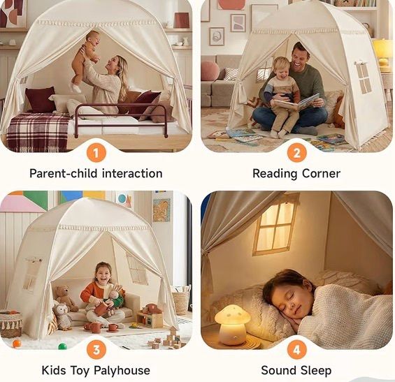 Children's Play Tents Large -Canopy Bed Toddler Double Single for Boys & Girls - Baby Floor Playhouse Inside Sleeping for Playroom Gift Toys (Cream