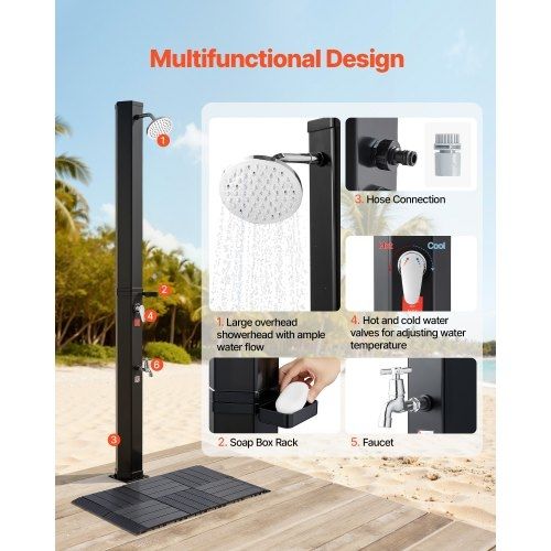 35L Solar Heated Shower, 195cm Showerhead Height Outdoor Shower, with Floor Kit & Foot Faucet, Hot & Cold Water Adjustment, Freestanding for Backyard