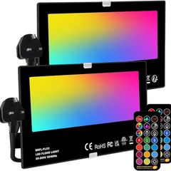 NEW SALE | 50W LED Floodlight Outdoor, Colour Changing Flood Lights with Remote Control, 12 RGB Colours, Timing, 4 Modes, IP66 Waterproof, UK 3-Plug, 2 Pack