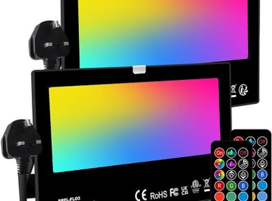 NEW SALE | 50W LED Floodlight Outdoor, Colour Changing Flood Lights with Remote Control, 12 RGB Colours, Timing, 4 Modes, IP66 Waterproof, UK 3-Plug, 2 Pack