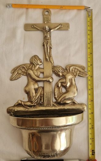 Antique  Brass Angel Holy Water Font Religious Wall Art