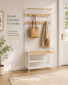 Hallway Coat Rack with Bench & Shoe Storage 9 Hooks Industrial Coat Stand